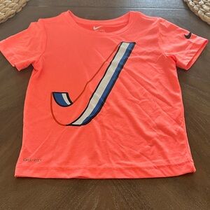 Nike Kids Bright Coral Tee with Blue and White Graphic